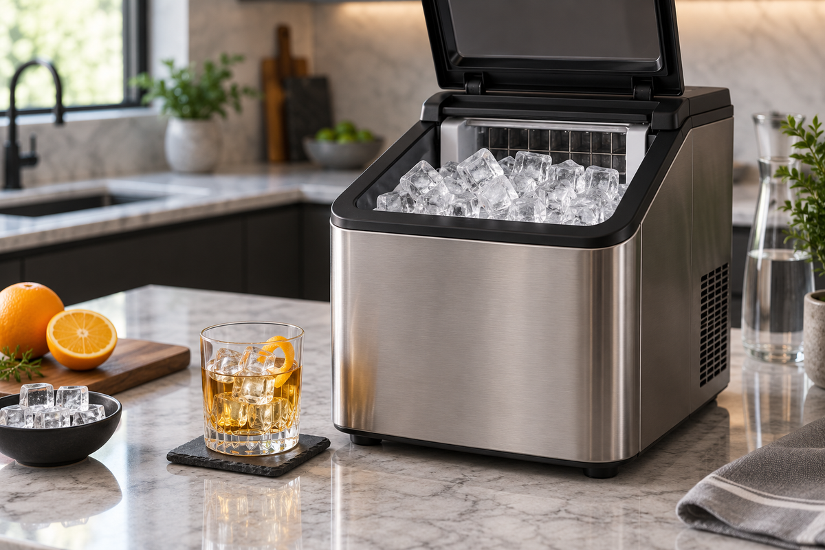 Unbranded countertop ice maker producing dense gourmet-style cubes
