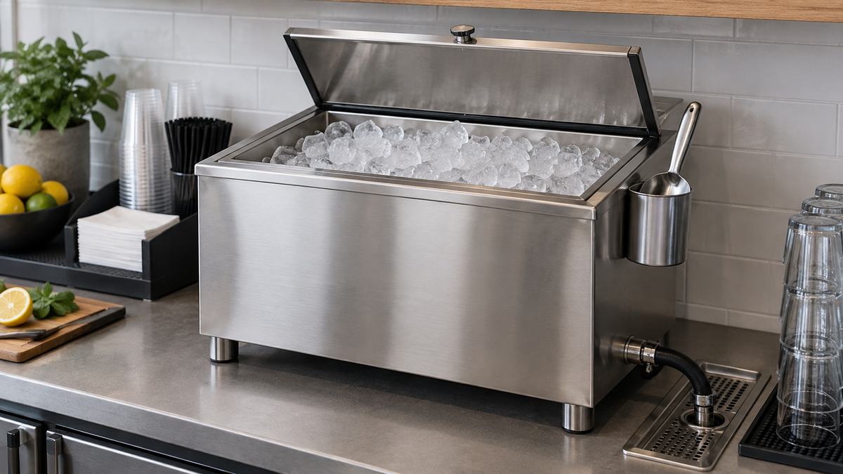Editorial illustration for countertop ice bin with drain guide
