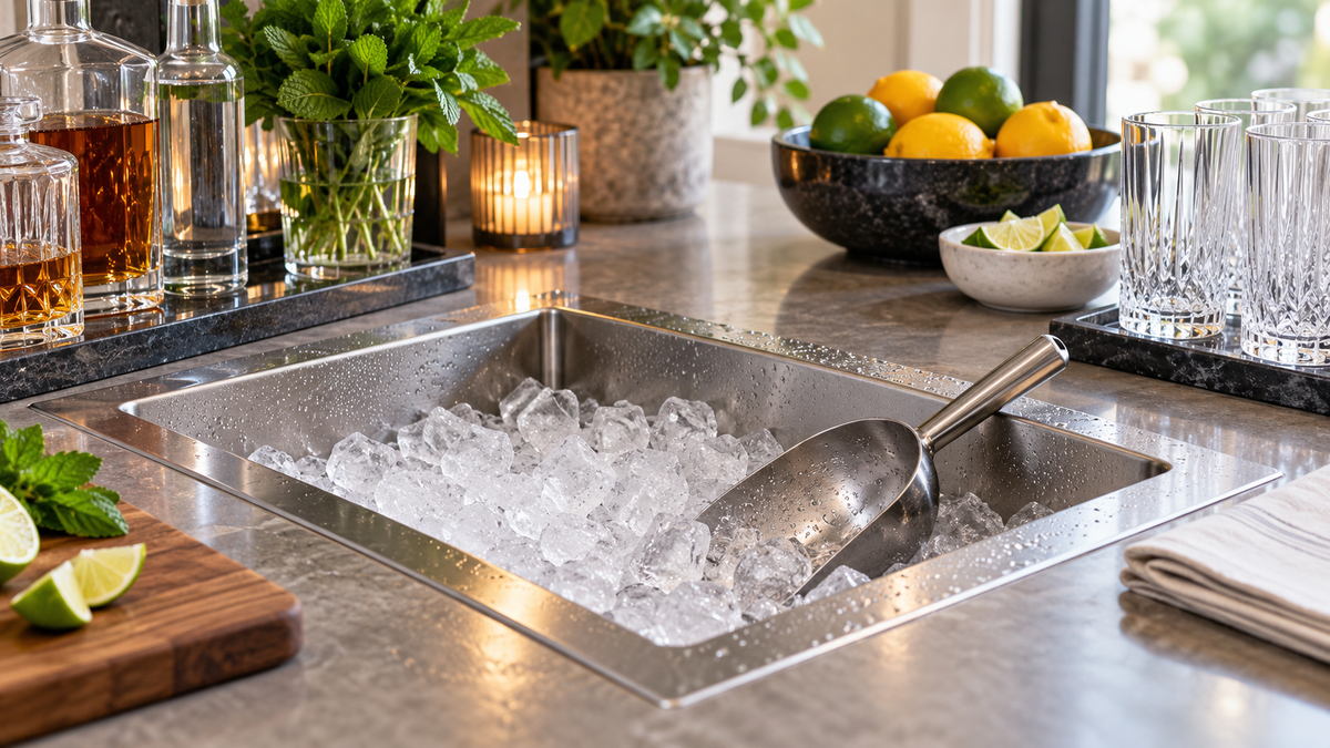 Stainless countertop ice bin with scoop at a clean beverage station