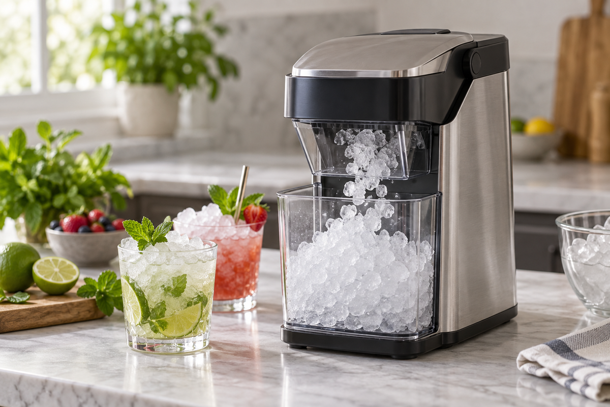 Unbranded countertop ice crusher producing clean crushed ice for beverages