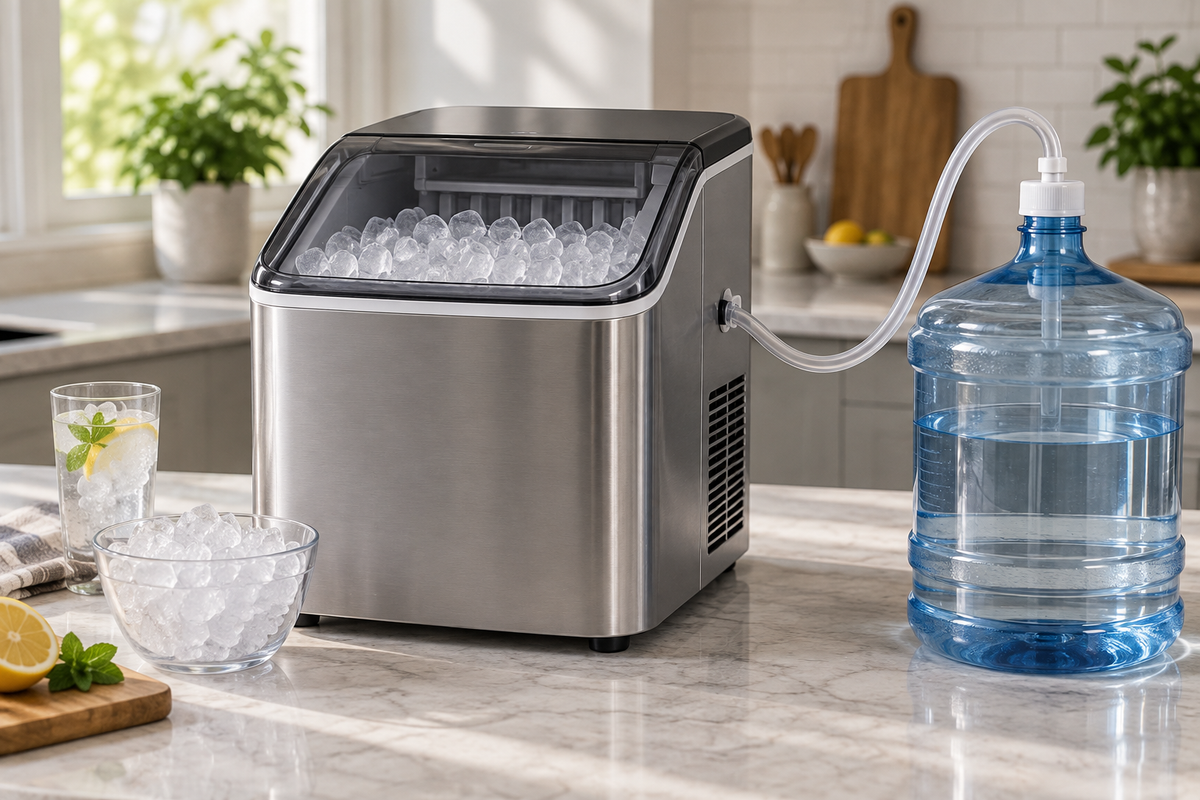 Unbranded countertop ice maker connected to a generic five-gallon water bottle