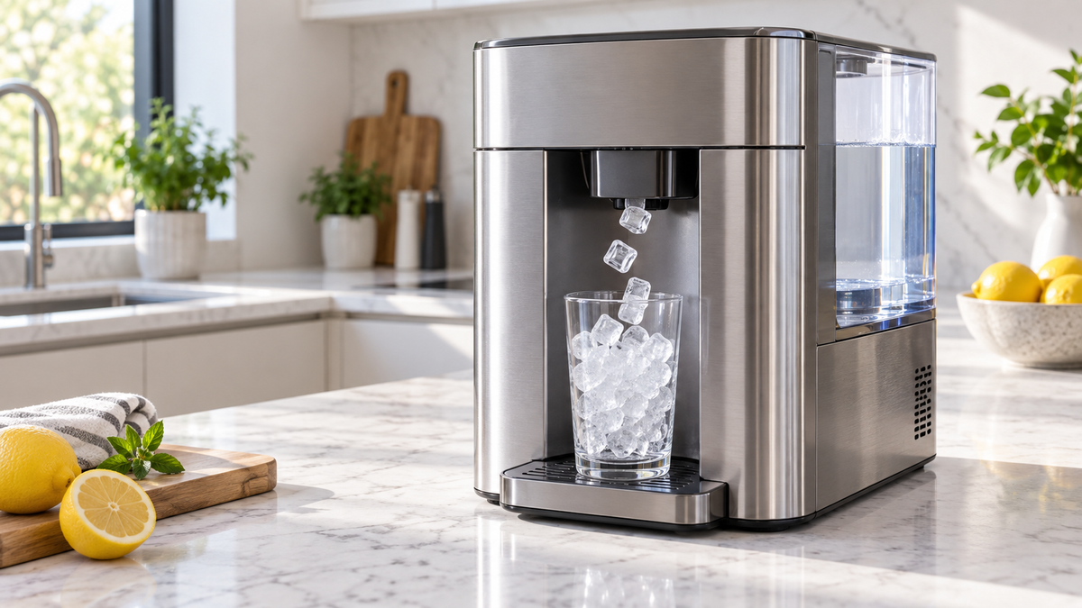 Countertop ice maker dispenser filling a glass in a modern kitchen