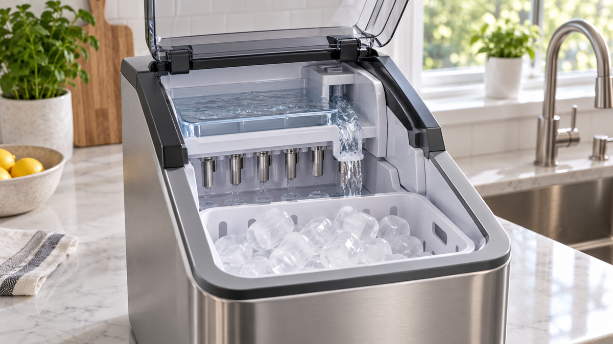 Unbranded countertop ice maker with visible reservoir and clean water recirculation concept