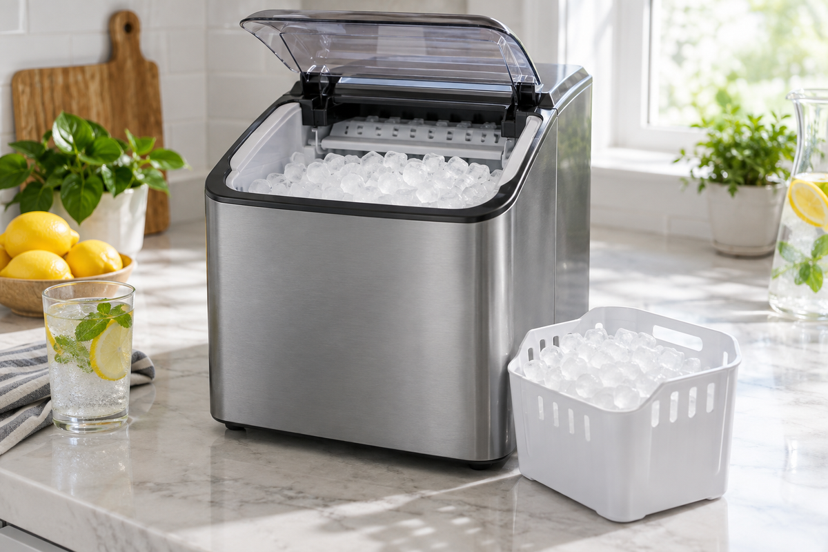 Unbranded countertop ice maker producing small cubes into a removable basket