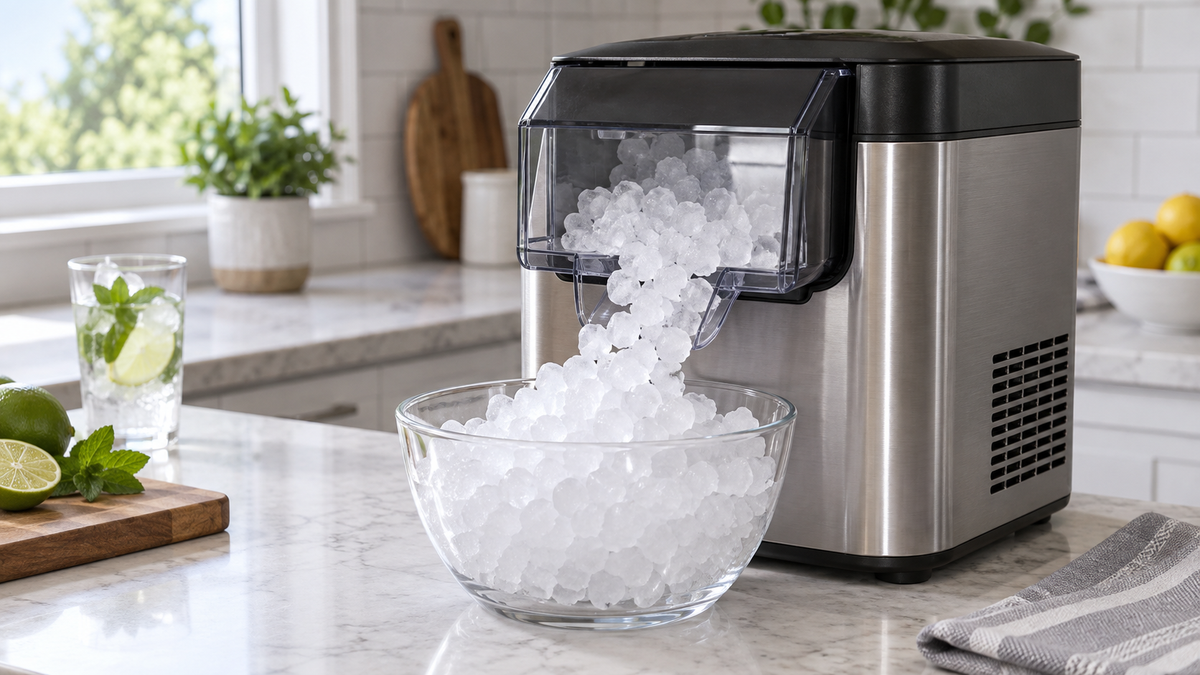 Unbranded countertop ice maker producing soft chewable ice in a bright kitchen