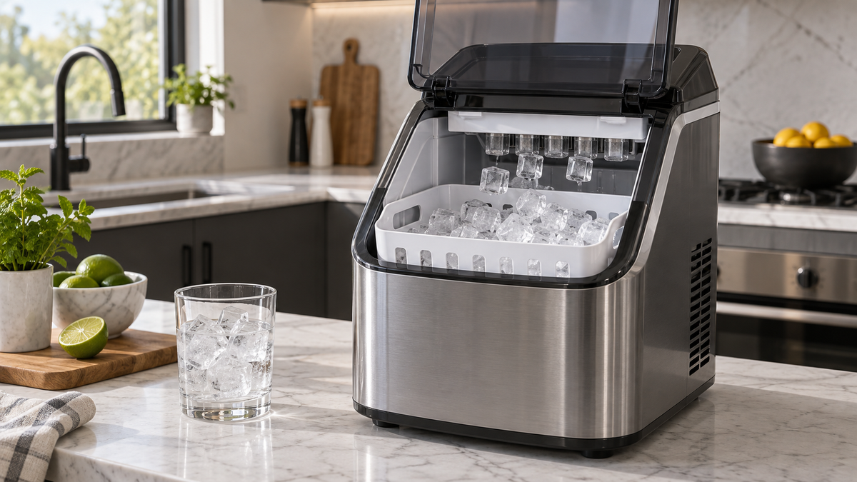 Countertop ice maker producing clear square ice cubes