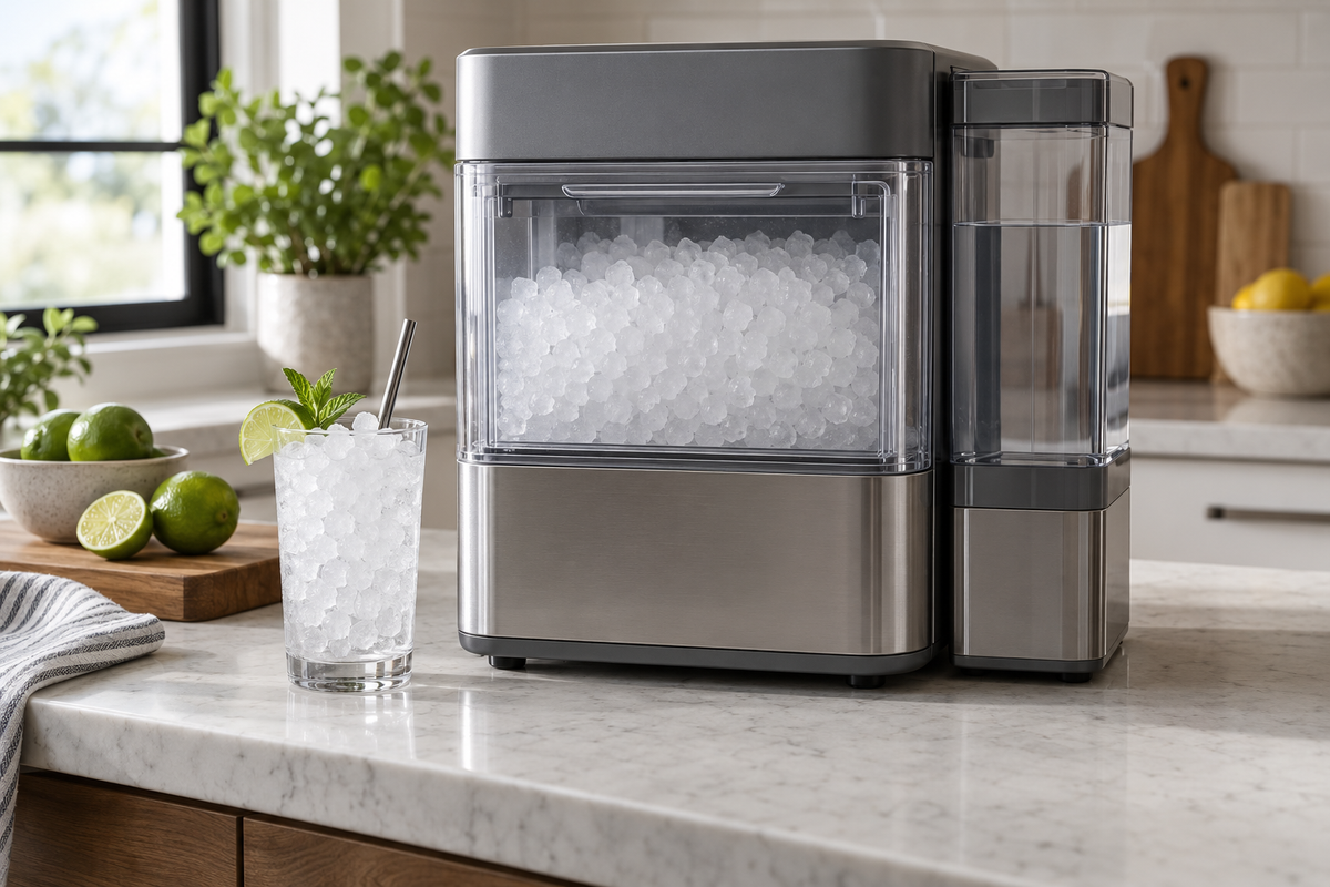 countertop nugget ice maker with side tank shown in a clean practical setting for comparison