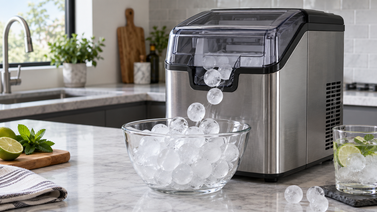 Unbranded countertop ice maker producing smooth round ice pieces in a clean kitchen