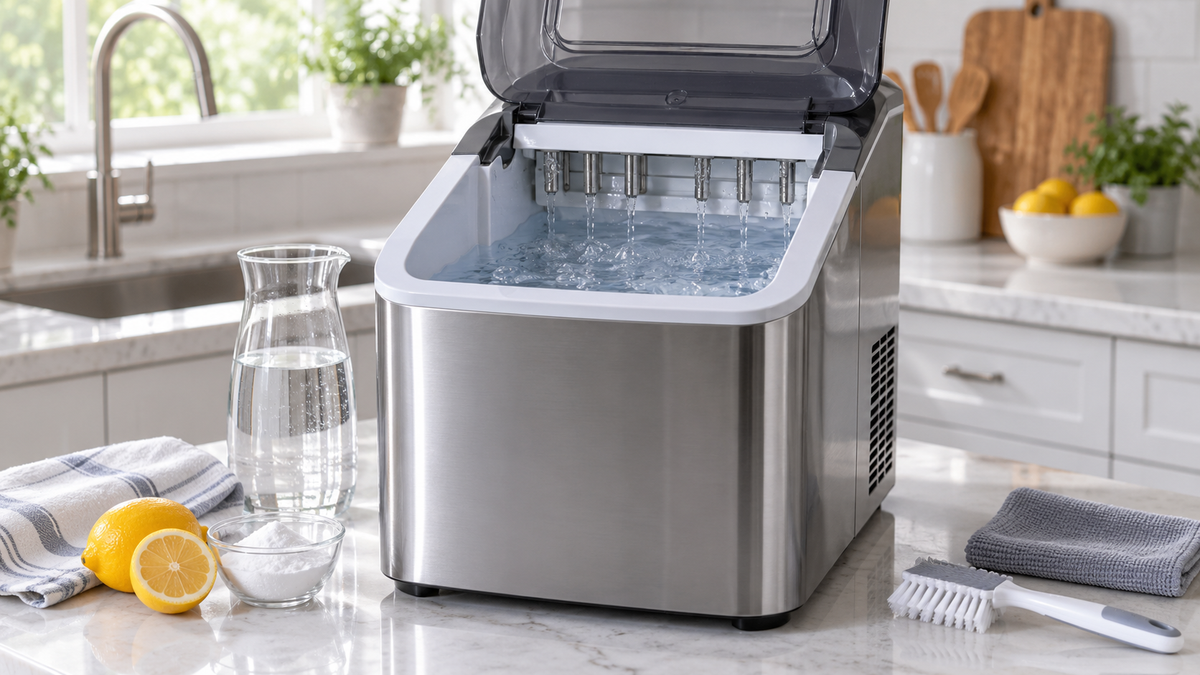 Unbranded countertop ice maker running a cleaning cycle beside basic food-safe cleaning tools