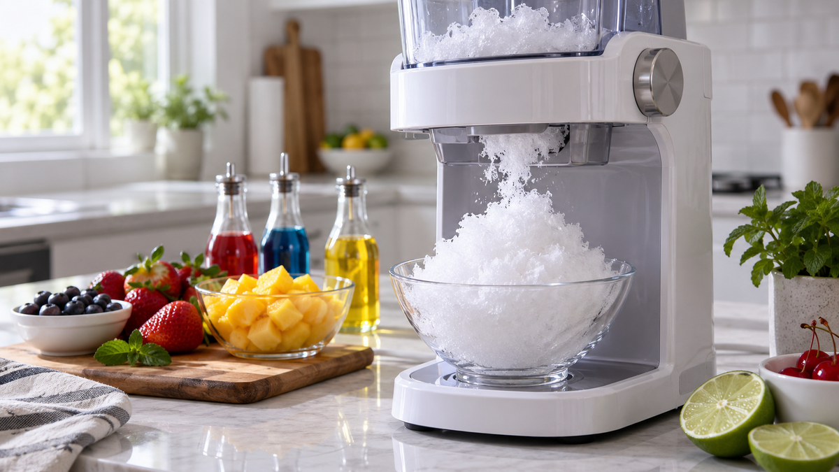 Unbranded countertop shaved ice maker producing fine ice into a clear dessert bowl