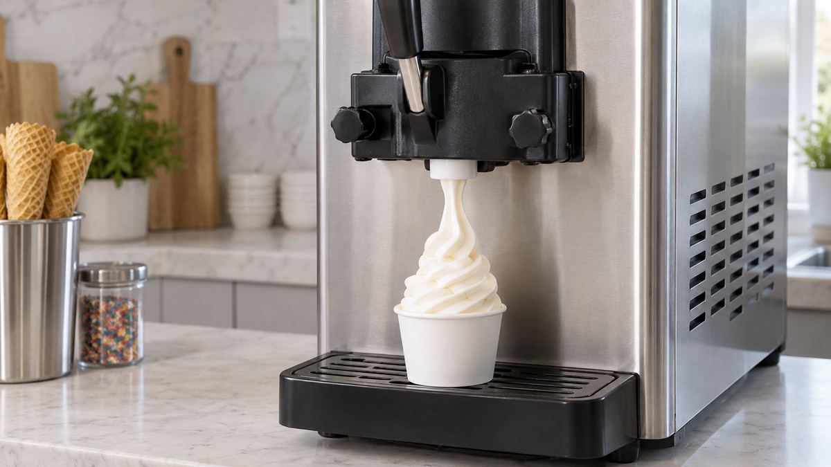 Unbranded countertop soft ice cream machine dispensing a plain swirl in a clean kitchen