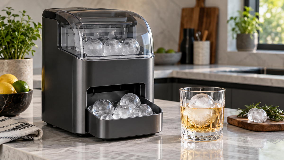 Unbranded countertop ice maker producing round sphere ice beside a clear beverage glass