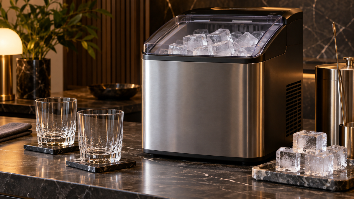Unbranded countertop ice maker producing large clear ice beside empty whiskey glasses in a home bar