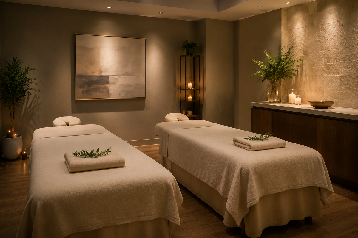 Professional couples massage room prepared with two separate tables and fresh linens