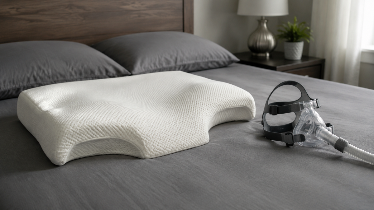 Contoured memory foam CPAP pillow beside an unbranded mask