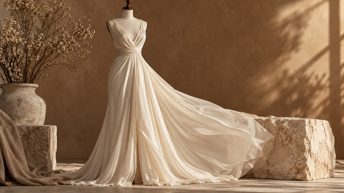 Flowing cream dress on a mannequin against a warm neutral backdrop