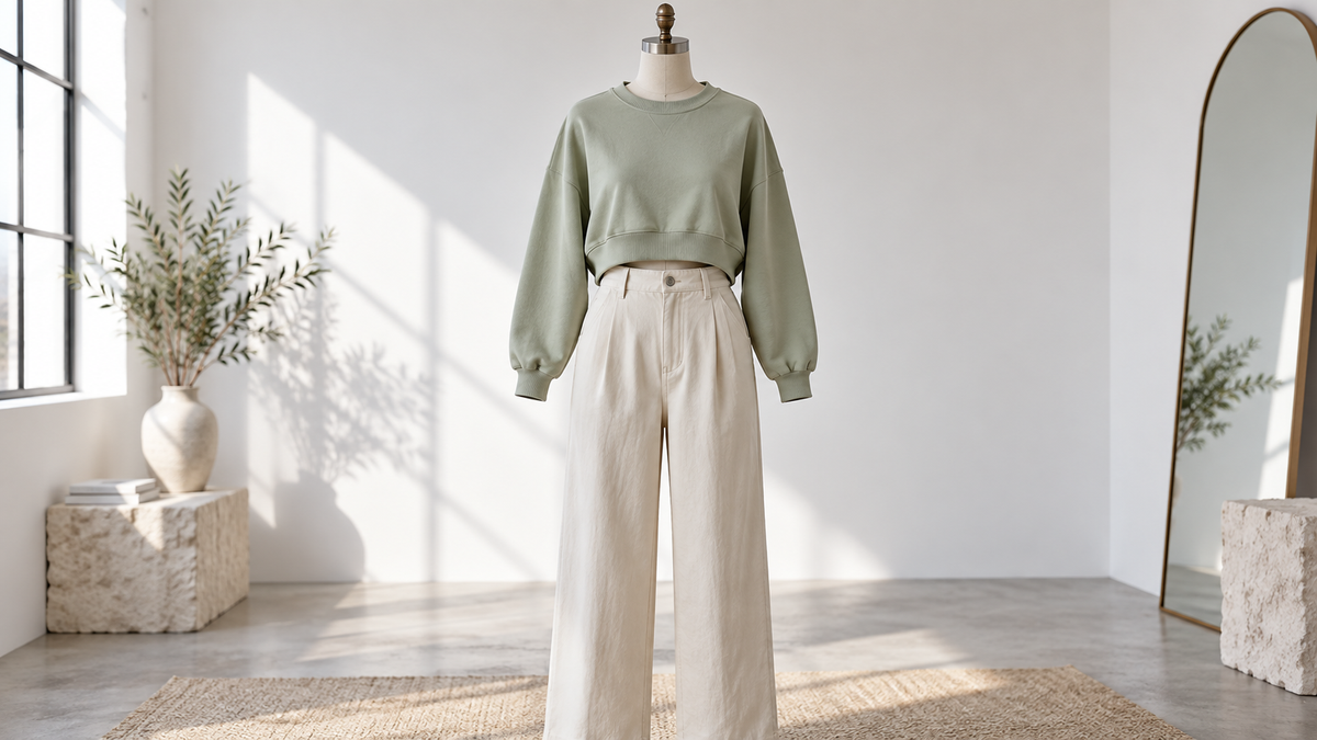 Unbranded cropped sweatshirt styled with high-rise casual trousers