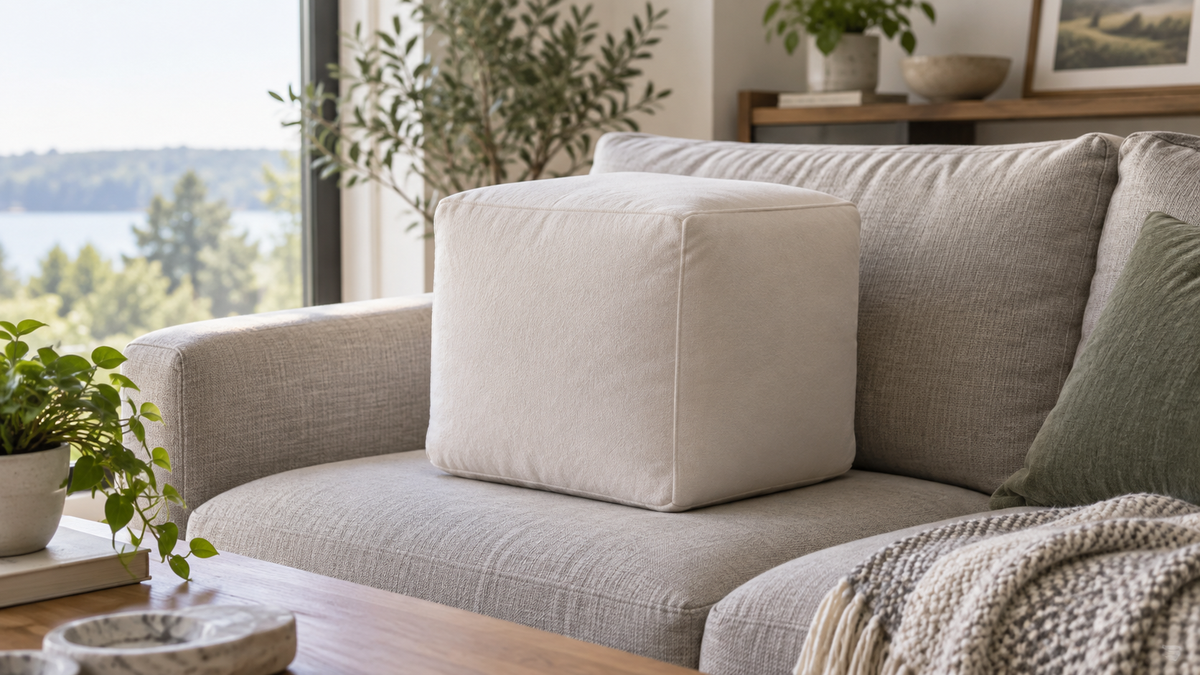 Cube-shaped memory foam pillow with removable neutral cover on a modern sofa