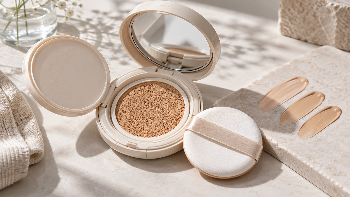 Open unbranded cushion foundation compact and puff on a clean studio surface