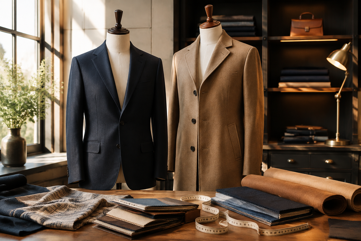 Custom clothing garments with fabric swatches in a tailor studio