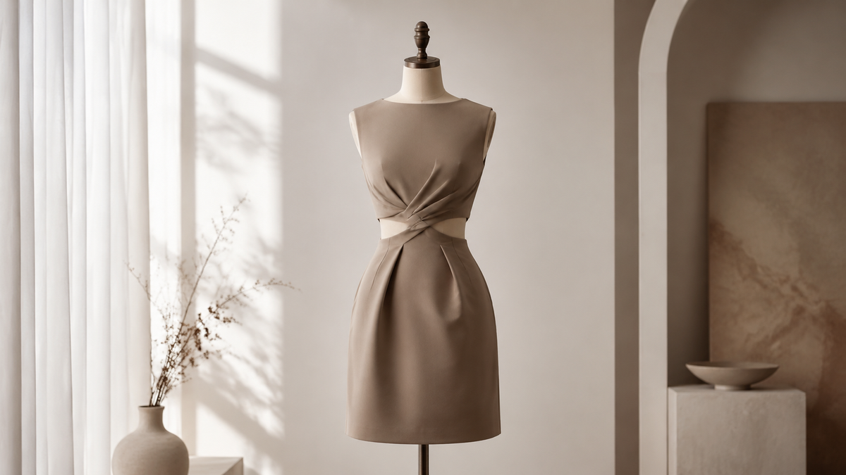 Modern cut-out dress with a structured silhouette on a dress form