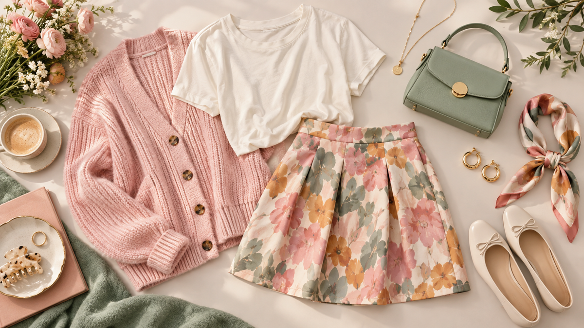 Playful refined outfit with cardigan, floral skirt and accessories