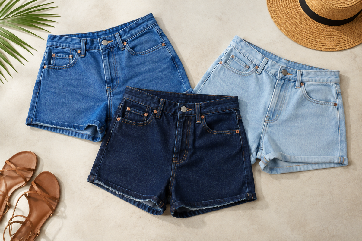 Blue denim shorts in varied washes arranged with simple summer accessories