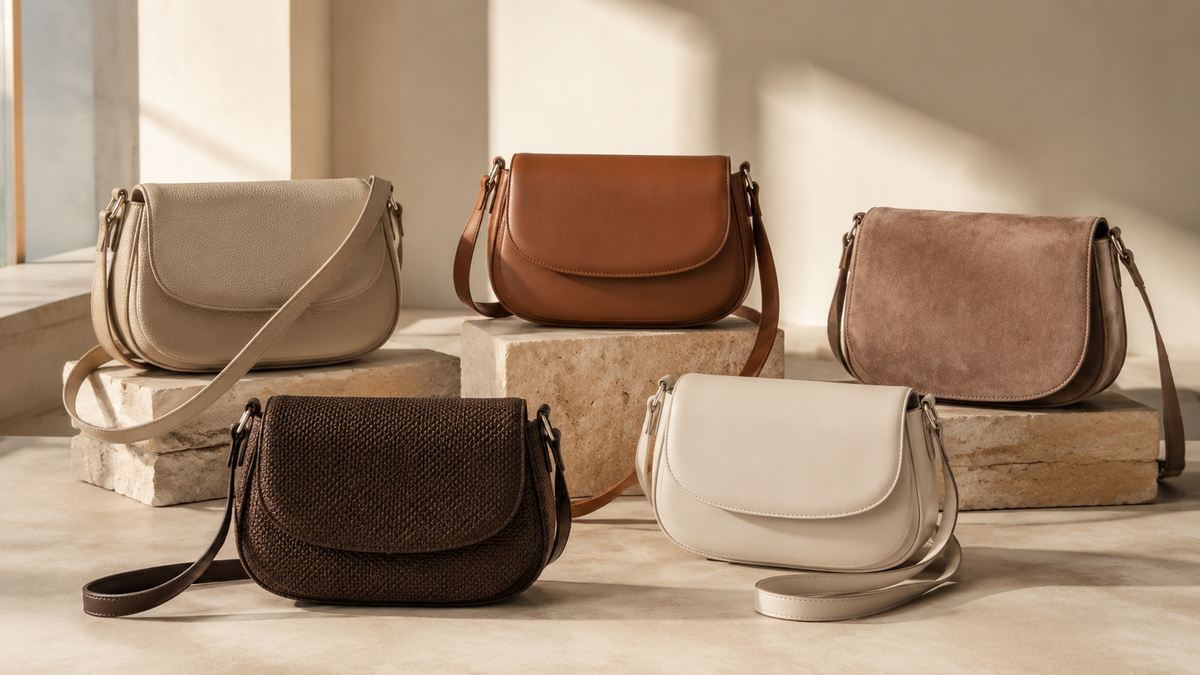 Five refined unbranded crossbody bags in neutral materials
