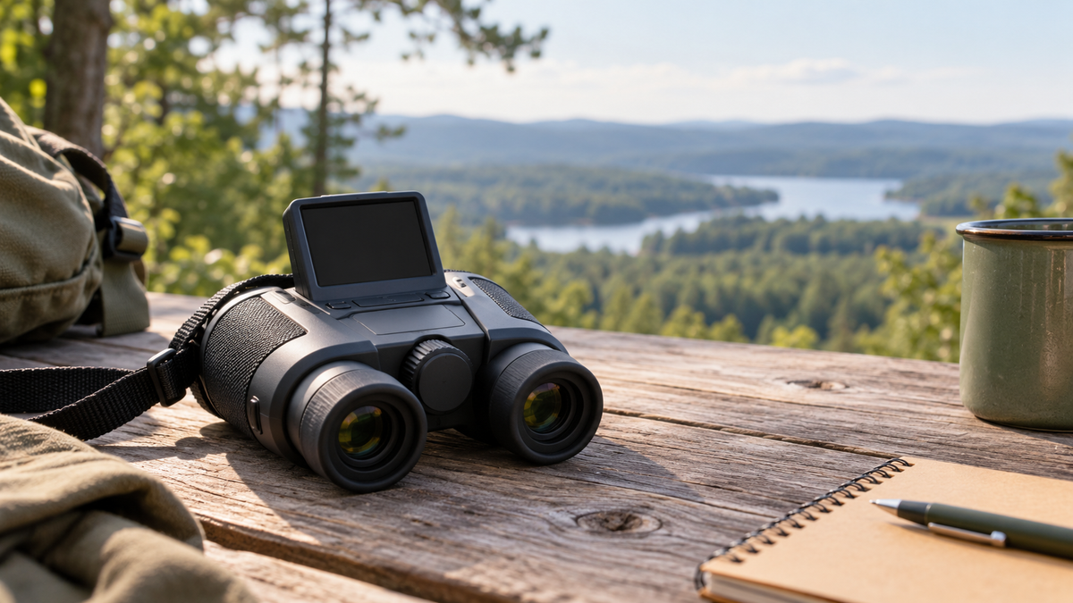 Digital binocular camera with an inactive screen overlooking woodland