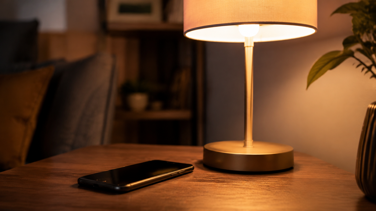 Direct connect smart bulb glowing in a modern home lamp
