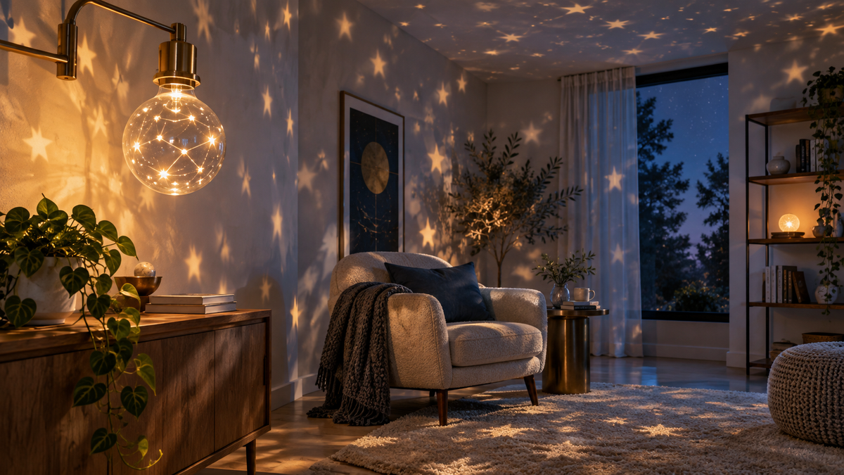 Handmade unbranded night light projector casting gentle patterns in a craft workspace without text