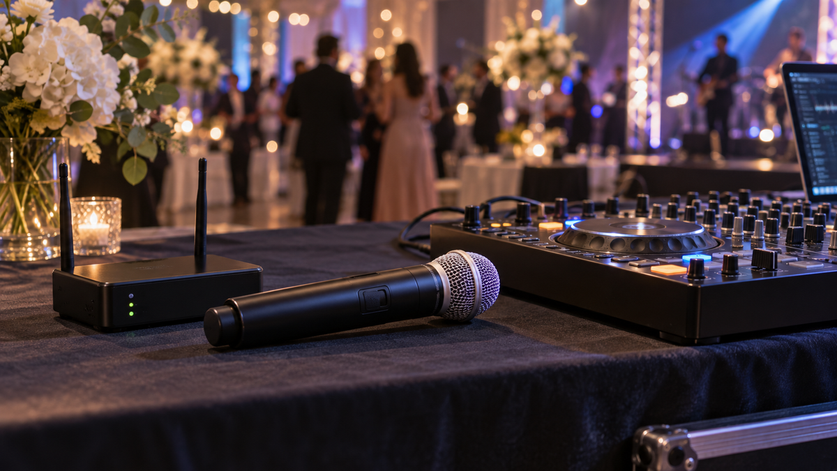 Unbranded wireless handheld microphone and receiver beside a generic DJ mixer at an event