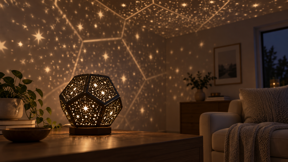 Unbranded dodecahedron star projector casting geometric stars in a calm neutral room