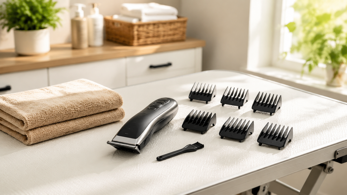 Unbranded dog grooming clippers with guide combs on a clean grooming table