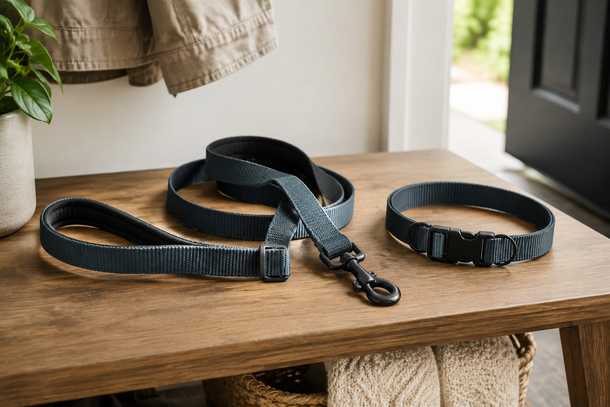 Woven dog leash with padded handle and plain collar on an entryway bench