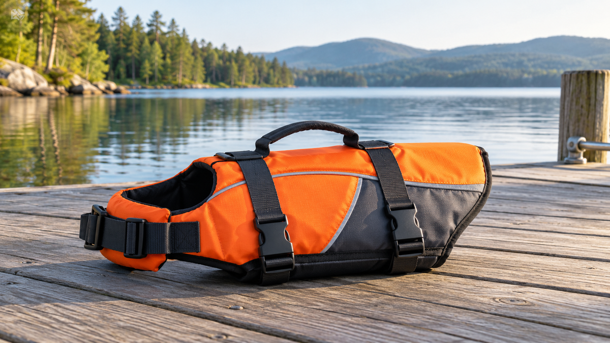 Orange dog flotation jacket with adjustable black straps on a lakeside dock