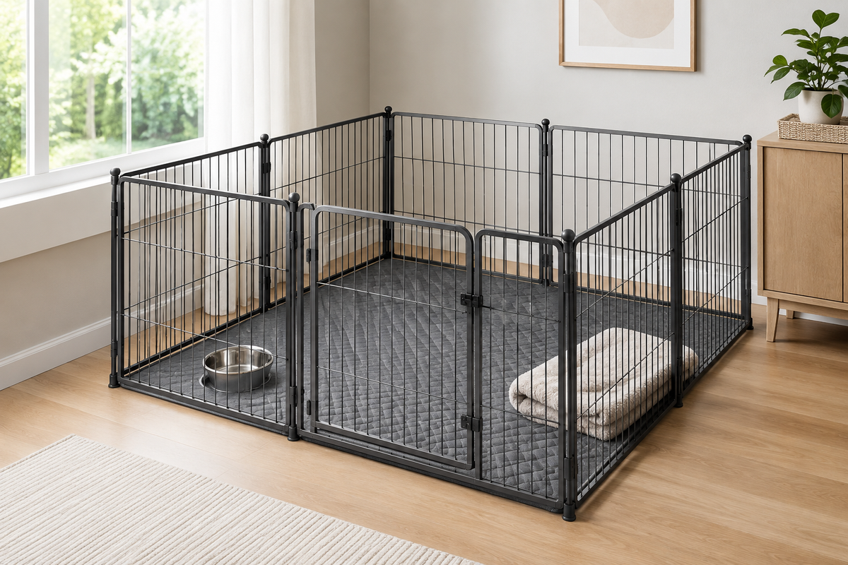 Secure modular indoor dog pen with washable floor mat, water bowl and blanket