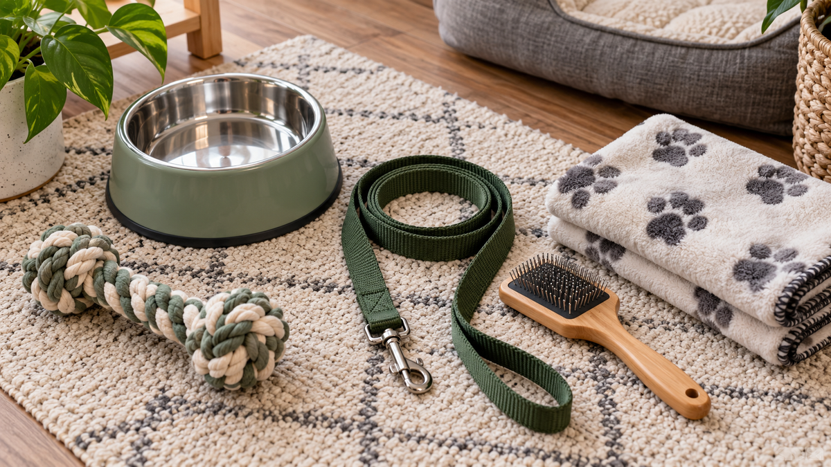 Practical unbranded dog supplies arranged in a clean home setting