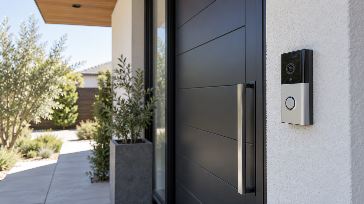 Visible unbranded doorbell camera installed at a front entrance without a WiFi router