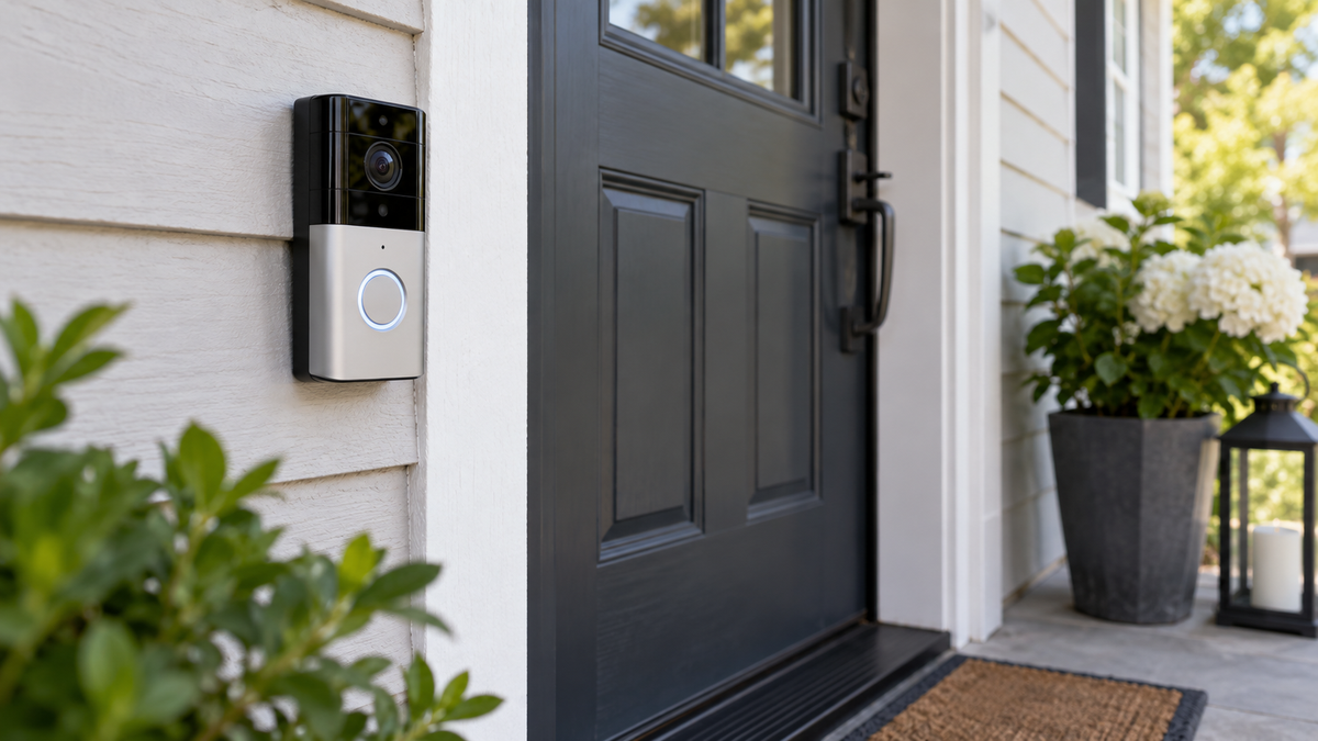 Visible doorbell camera installed beside a residential front door