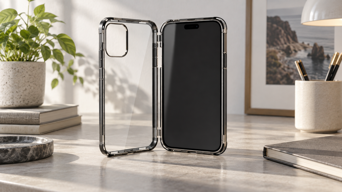 Unbranded double sided glass phone case displayed around a blank-screen smartphone on a neutral desk