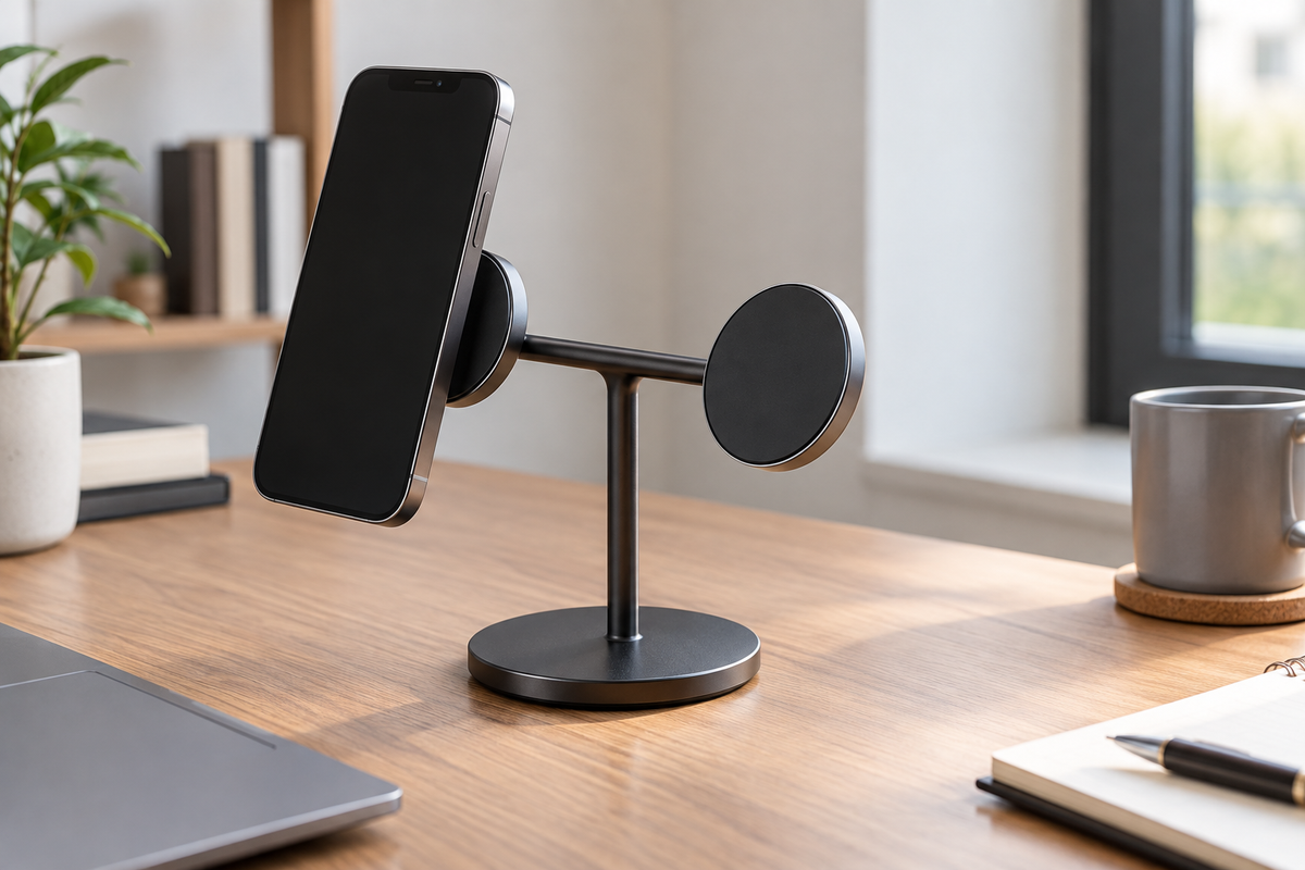 Unbranded double-sided magnetic phone holder supporting a phone on a clean desk