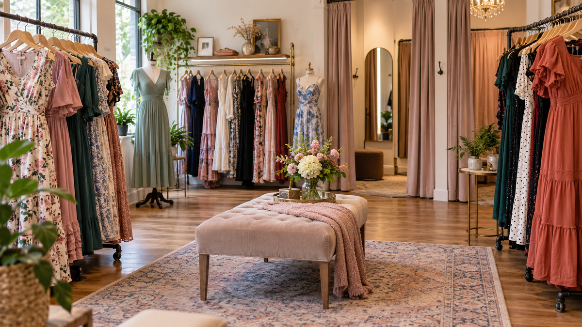 Independent local dress boutique with varied unbranded dresses and fitting rooms