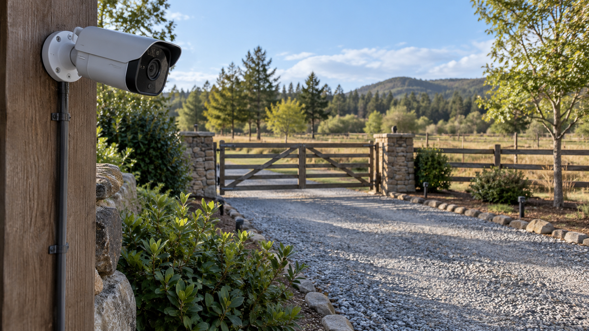 Visible unbranded driveway camera monitoring an authorized rural entrance without a WiFi router