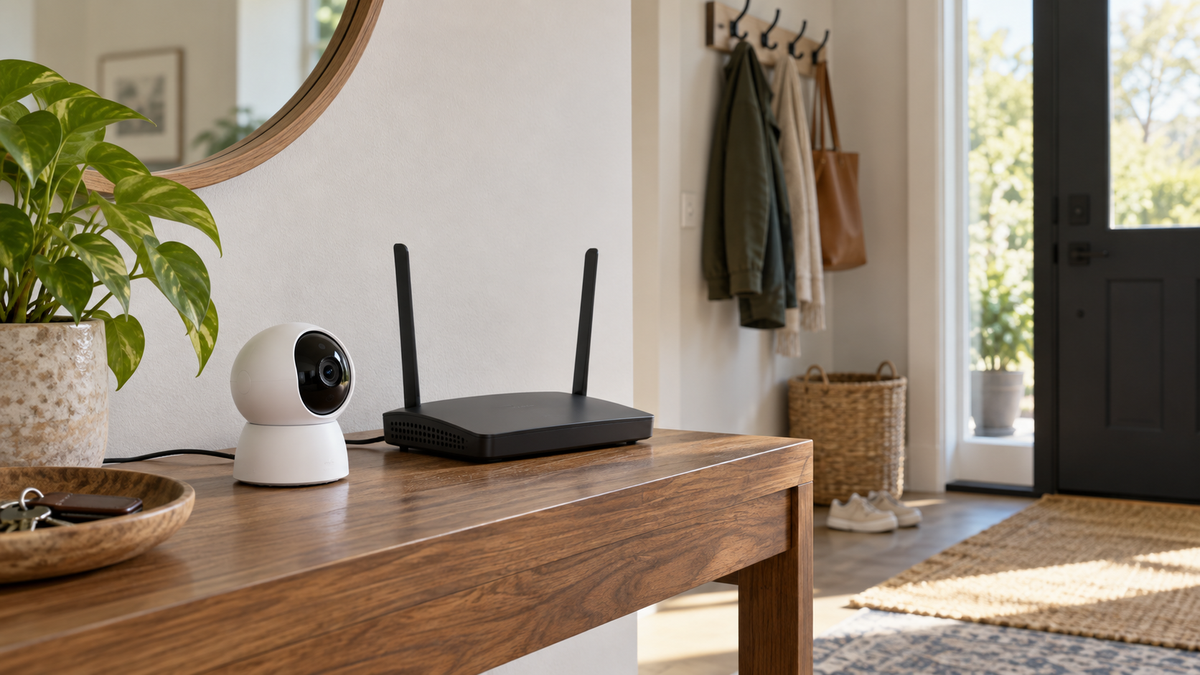 Visible unbranded security camera beside a generic dual-band wireless router in a modern home