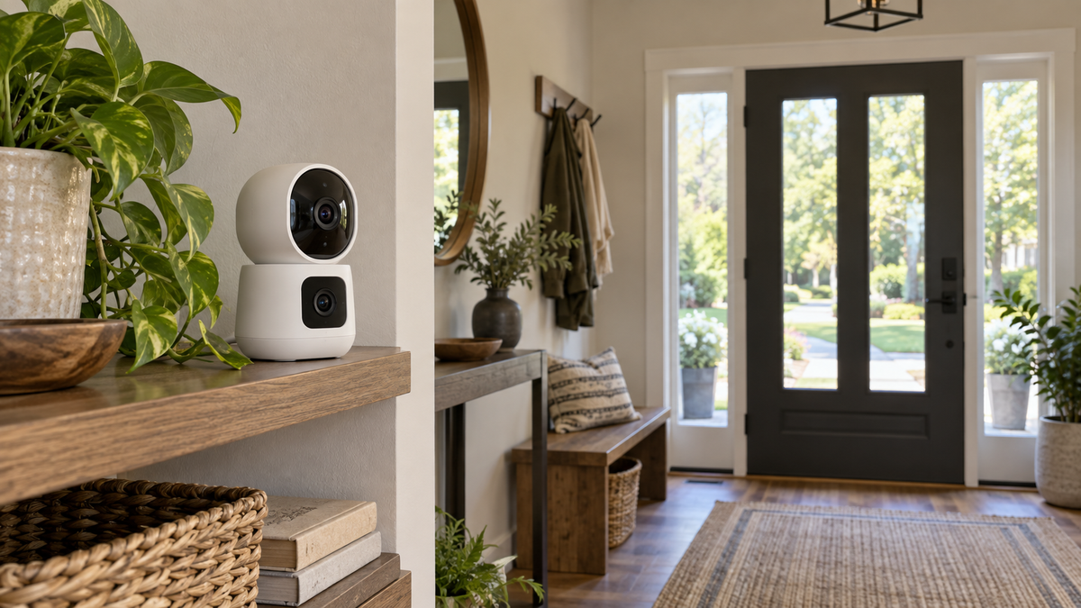 Unbranded dual-lens wireless IP camera on a shelf in a clearly monitored neutral entryway