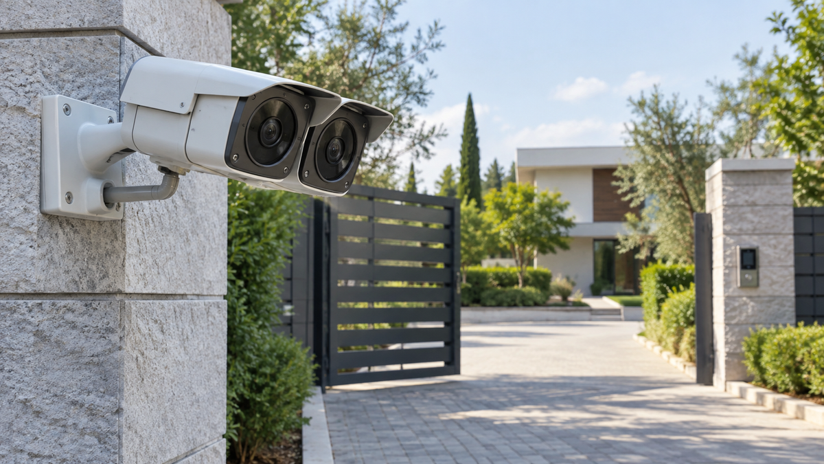 Visible unbranded dual lens security camera monitoring an authorized property entrance