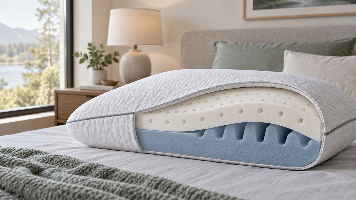 Unbranded cutaway dual support foam core pillow showing layered construction in a calm bedroom