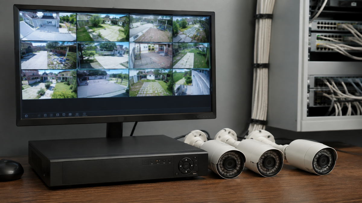 Unbranded DVR recorder with wired security cameras and monitor