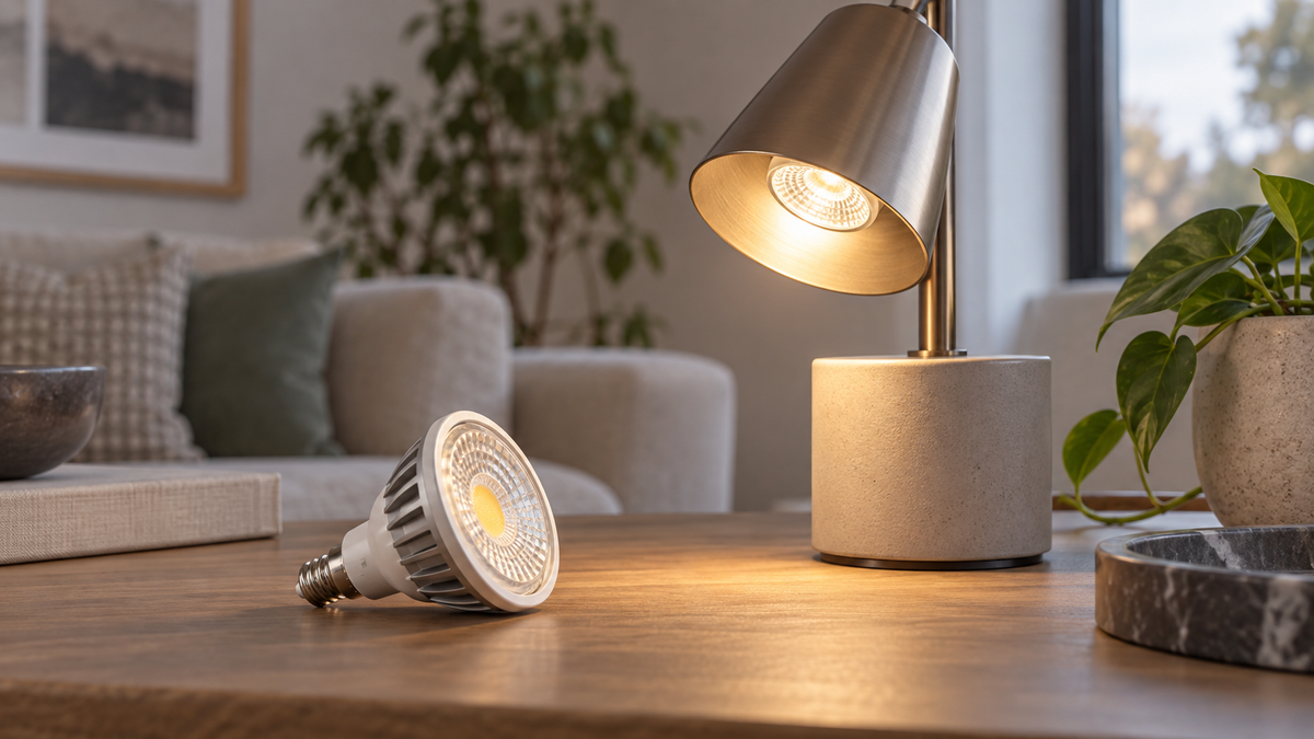 Small E11 smart LED bulb beside a compact decorative lamp
